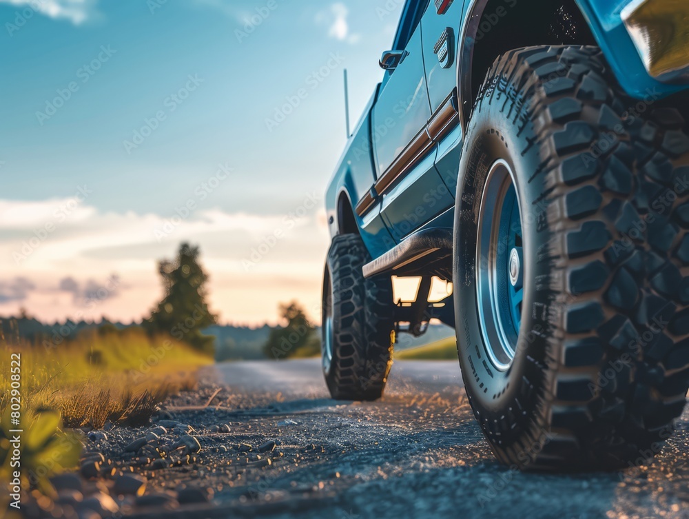 A vehicle on the road with a summer and sunny landscape background, sun, blue sky A vehicle on the road with a summer and sunny landscape background, sun, blue sky