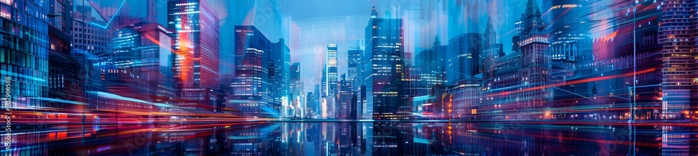 blue colored cityscape with skyscrapers, long exposure photography, blurred lines, glitch art in the style of various artists 
