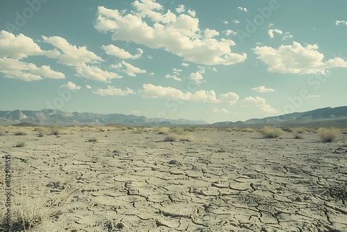 Parched earth stretches into the vast distance  enduring the relentless heat of a summer sun.
