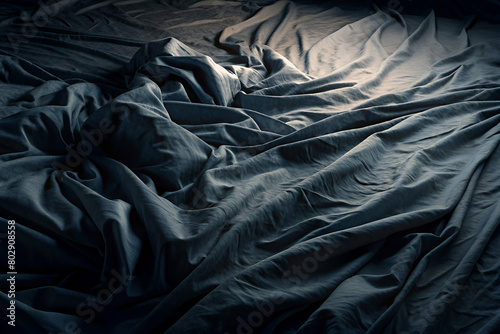 Close-up of a Bed with Disheveled Dark Sheets A close-up of rumpled, shadowy fabric, showcasing intricate folds and textures in soft, muted tones, creating a serene and tranquil atmosphere.