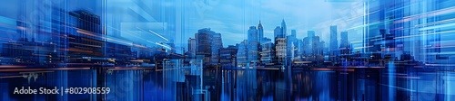 blue colored cityscape with skyscrapers, long exposure photography, blurred lines, glitch art in the style of various artists 
 photo
