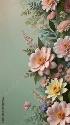 "Elevate your message with our elegant floral border images. Ample copy space surrounded by delicate blooms for your creativity." A Digital Artwork ar 9:16.
