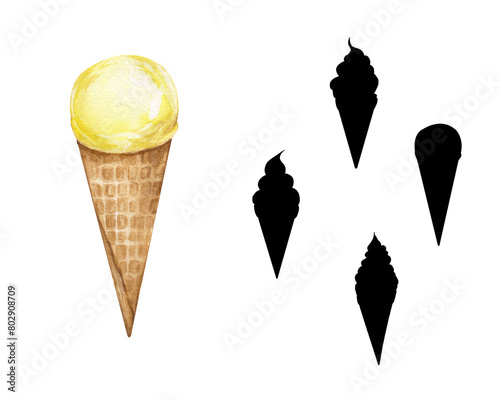 Children's game find a pair. Match the ice cream and its shadow. Hand drawn watercolor illustration with colorful ice creams, treats and sweets. Educational game for kids, task.