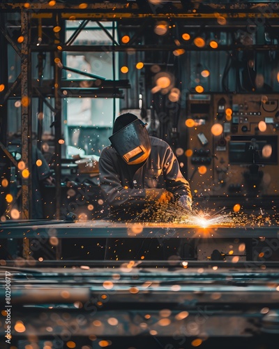A worker is welding metal pieces in the factory  sparks flying around him