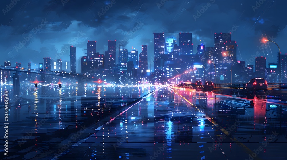 A vibrant city at night is brought to life with neon lights reflecting on wet streets, as the rain adds a shimmering texture to the urban landscape.
