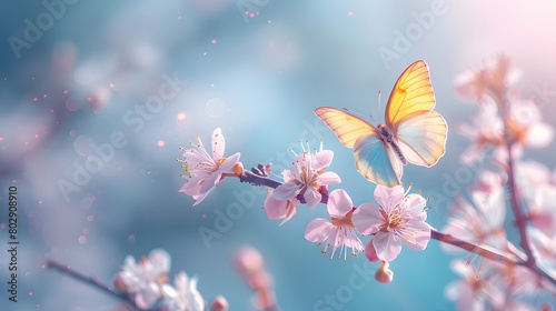 A yellow butterfly alights on the soft pink blossoms of spring, with a delicate bokeh effect creating a whimsical and serene atmosphere.