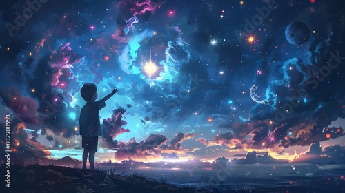 A child stretches their hand towards a vibrant, dream-like cosmos filled with stars, nebulas, and planets, blending the line between fantasy and reality.