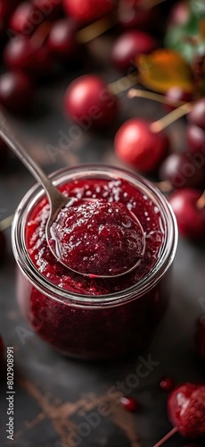 Cherry jam. Spoon scooping homemade cherry jam from a glass jar surrounded by fresh cherries.