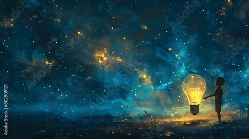 A lone child touches a glowing light bulb that lights up an otherworldly night sky, a metaphor for sparking imagination amidst the cosmos. photo