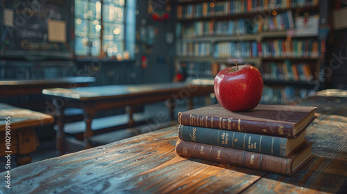 A sunny classroom with wooden desks and a chalkboard, a calm learning environment. Library with bookshelves. Blurred background with space for text