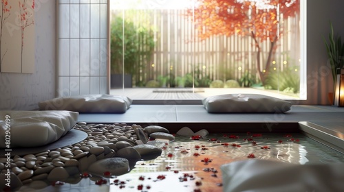 Zen home meditation space with a tranquil water feature and floor cushions.