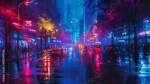 A captivating scene of a city street bathed in neon lights reflecting on wet pavement  capturing the bustling nightlife and urban atmosphere on a rainy night.