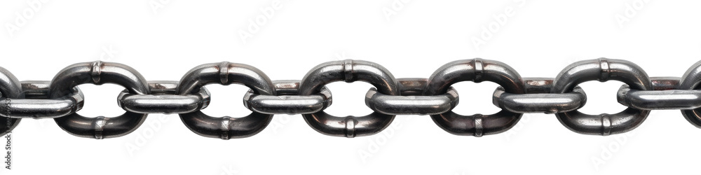 Fototapeta premium A strong silver metal chain from right to left, transparent or isolated on white background 