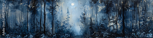 Bold strokes of ebony and silver traverse the canvas, contrasted by flashes of opal and onyx, capturing the mysterious allure of a moonlit forest veiled in shadows and secrets. photo