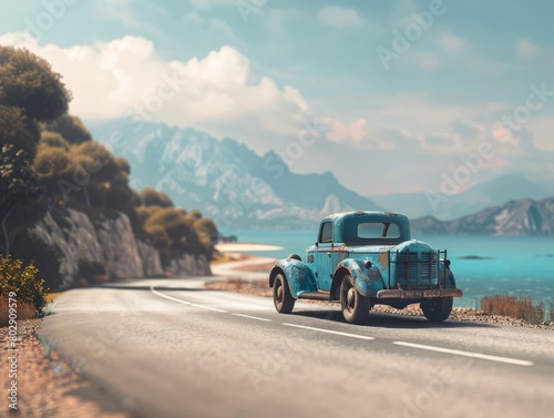 A vehicle on the road with a summer and sunny landscape background, sun, blue sky