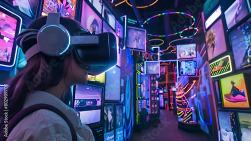 A woman wearing a virtual reality headset stands in front of a wall of television screens. photo