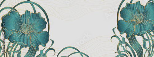 Elegant prestigious Art Deco background template with flowers. The design luxury is made for Art Deco motif with green and gold colors.