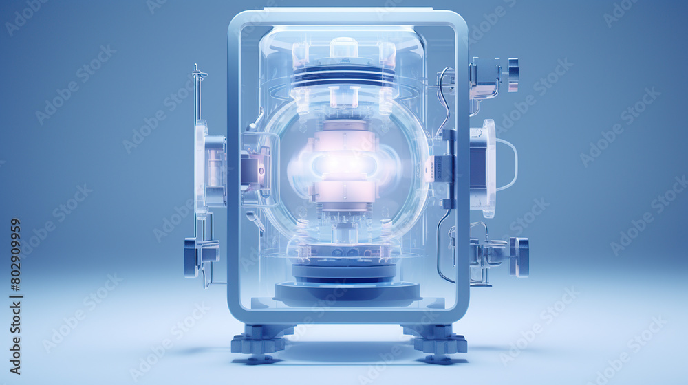 Fototapeta premium Comprehensive walkthrough , front view, blue, white background, frosted glass, transparent technology sense, industrial design, studio lighting