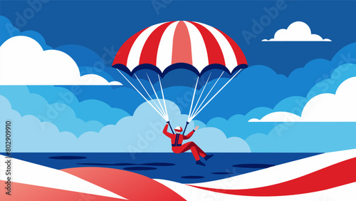 A daring parachutist descends from a helicopter their parachute covered in bold red and white stripes. As they gracefully land on the beach the crowd. Vector illustration