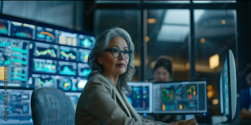 Female young Data Scientist Reviewing Reports Of Risk Management Department On Big Digital Screen In Monitoring Room Female young Data Scientist Reviewing Reports Of Risk Management Department On Big Digital Screen In Monitoring Room