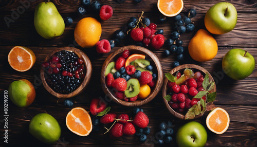 healthy fruit bowl  top view  dark wooden background. 