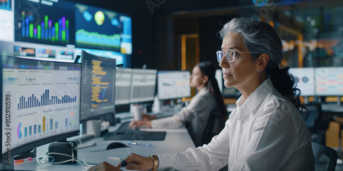Female young Data Scientist Reviewing Reports Of Risk Management Department On Big Digital Screen In Monitoring Room
