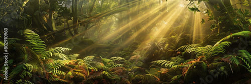Amber rays of sunlight filter through a dense forest canopy  illuminating a tapestry of lush ferns and moss-covered rocks 