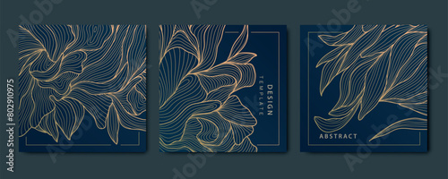 Vector set of gold flower background, square luxury floral pattern. Line nature spring frames, plant vintage invitation. Leaves, petals wedding illustration, massage, spa.