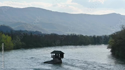 Lonely house on the Drina river in Bajina Basta, Serbia, 4k photo