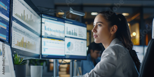 Female young Data Scientist Reviewing Reports Of Risk Management Department On Big Digital Screen In Monitoring Room