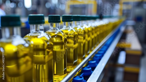 Bottles of olive oil moving along the factory's production line
