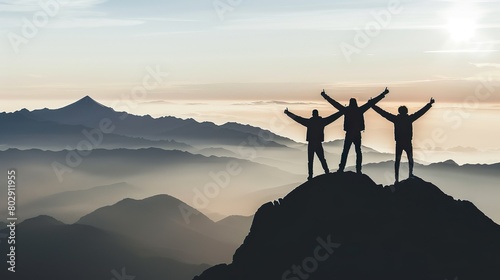 Mountain Climbers Raise Hands, Celebrate On Top Of Mountain, Sunrise, Fog photo
