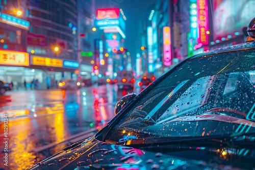 Raindrops bead on the windshield of a black sedan as it waits at a traffic light. The cityscape reflects in its glossy surface, neon signs illuminating the wet streets.