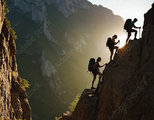 Silhouette of male and female hikers climbing a mountain cliff, depicting the concepts of help and teamwork.