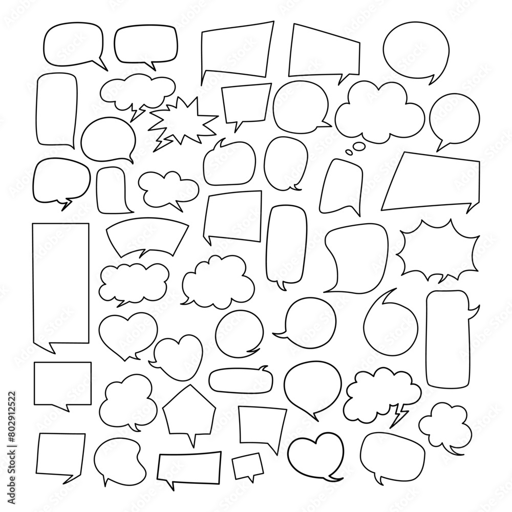 Obraz premium Speech Bubbles, Chat Boxes, Message Balloons Doodles Collection. Isolated Hand-Drawn Vector Illustrations with Empty Outlines .