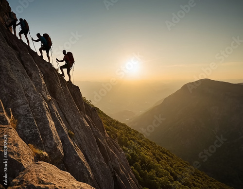Silhouette of male and female hikers climbing a mountain cliff, depicting the concepts of help and teamwork.