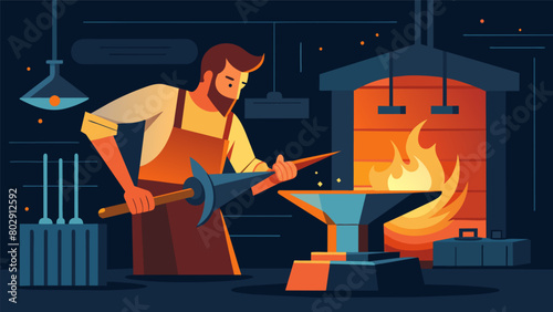 The scent of sawdust and linseed oil filled the air as a blacksmith heated up an old forge using vintage tools to shape molten metal into works of. Vector illustration