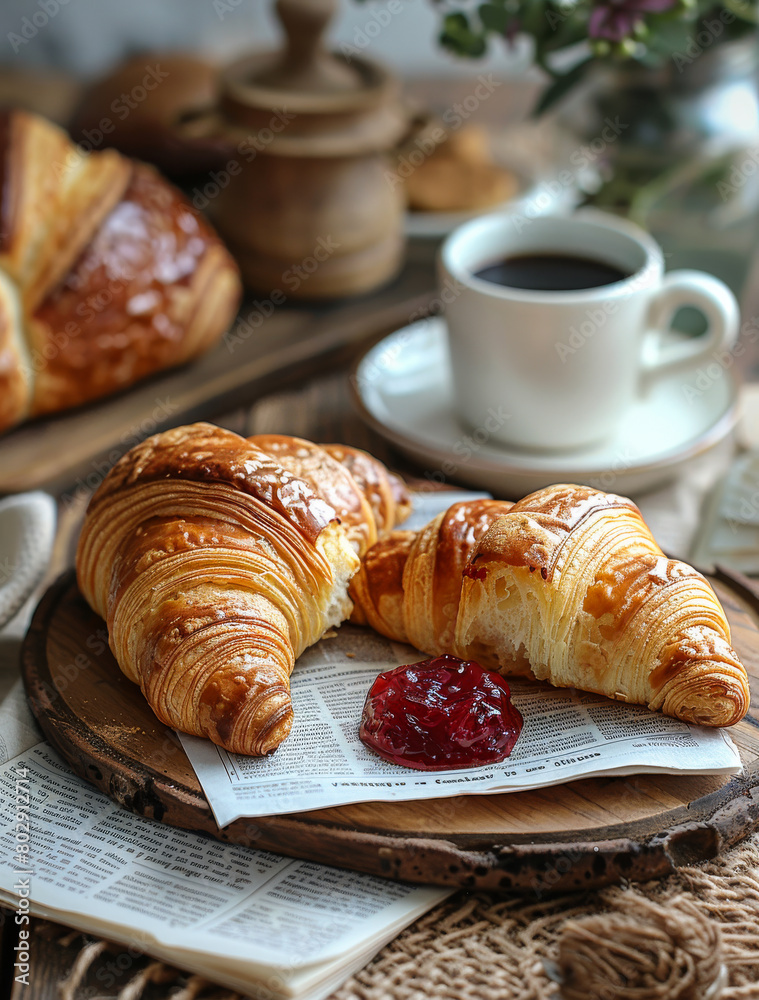 Breakfast with coffee and croissants in basket on wooden table Breakfast with coffee and croissants in basket on wooden table