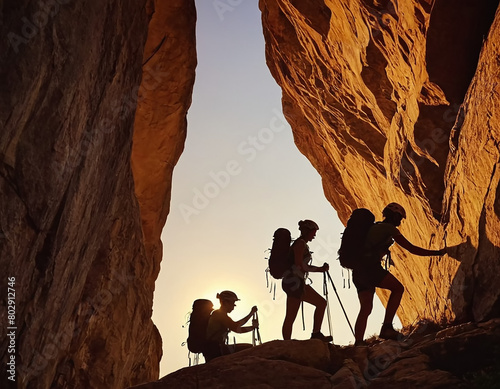 Silhouette of male and female hikers climbing a mountain cliff, depicting the concepts of help and teamwork.