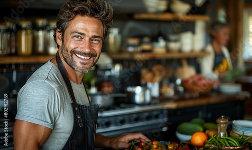 Portrait of happy mature man preparing food in the kitchen at home