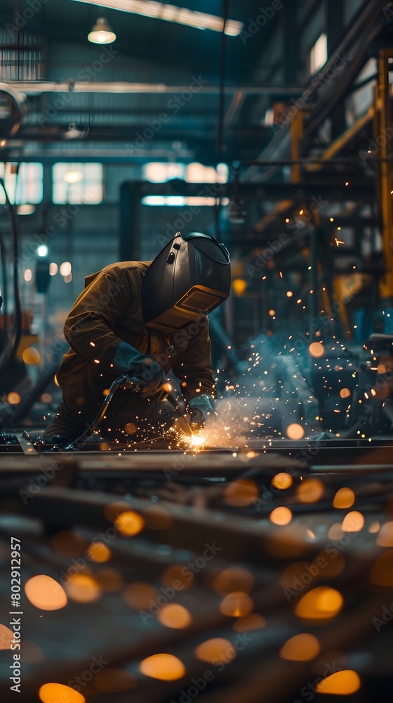A worker is welding metal pieces in the factory, sparks flying around him A worker is welding metal pieces in the factory, sparks flying around him