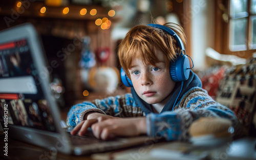 Cute little boy is sitting at table at home wearing headphones and using laptop for online school lesson.