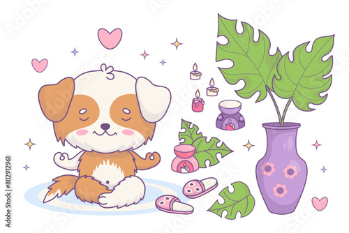 Cute cartoon dog meditating, aroma lamp with candles, slippers and vase with tropical leaves Monstera. Funny kawaii character animal. Vector illustration. Isolated elements relaxation and hobbies