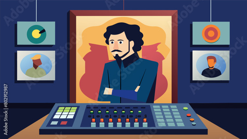 Behind the mixing board a framed poster of a famous musician hangs on the wall inspiring the engineers work. Vector illustration