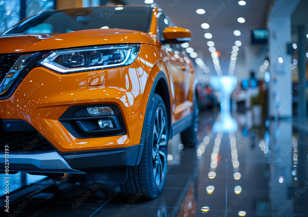 Close up of an orange SUV in a luxury showroom, with the sales person and customer blurred in the background Close up of an orange SUV in a luxury showroom, with the sales person and customer blurred in the background