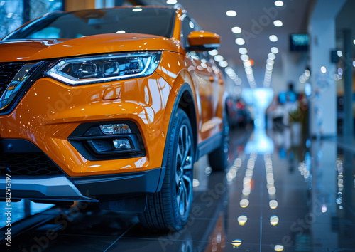 Close up of an orange SUV in a luxury showroom, with the sales person and customer blurred in the background © Vadim