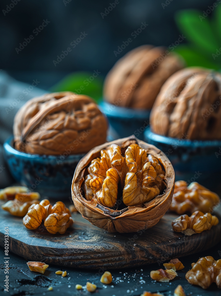 Walnuts in bowl on dark background