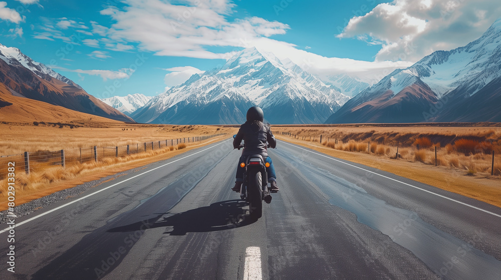 Young woman motorcyclist cruises along a picturesque open road, heading toward majestic snow-capped mountains under a clear blue sky.