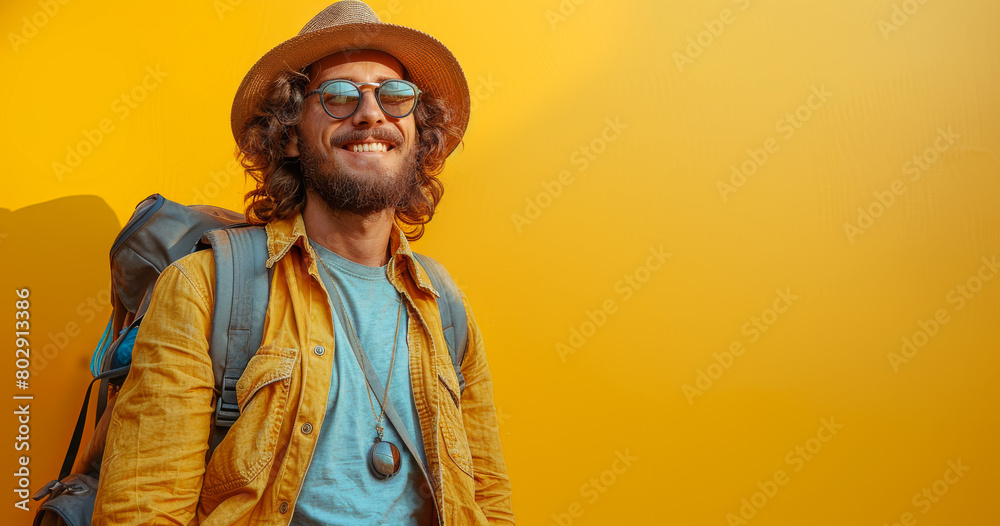 Obraz premium Portrait of smiling young man with backpack standing isolated over yellow background