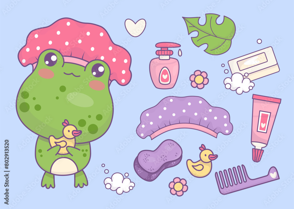 Bath-time set. Cute charming cartoon frog in shower cap with rubber duck. Cartoon kawaii animal character, bath accessories, soap, sponge, cream, comb, shampoo and cosmetics. Vector illustration